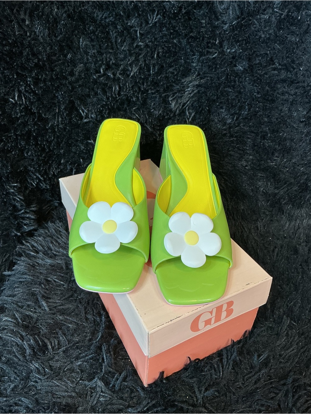 GB Lime Green Daisy Slide Mules with White Flower